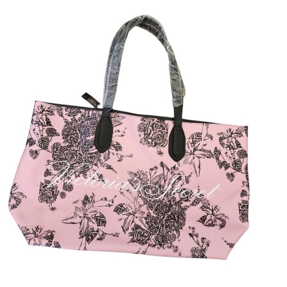 New VICTORIAS SECRET Pink Tote Bag with Black Floral Pattern Bag Purse With Tag - Picture 14 of 14
